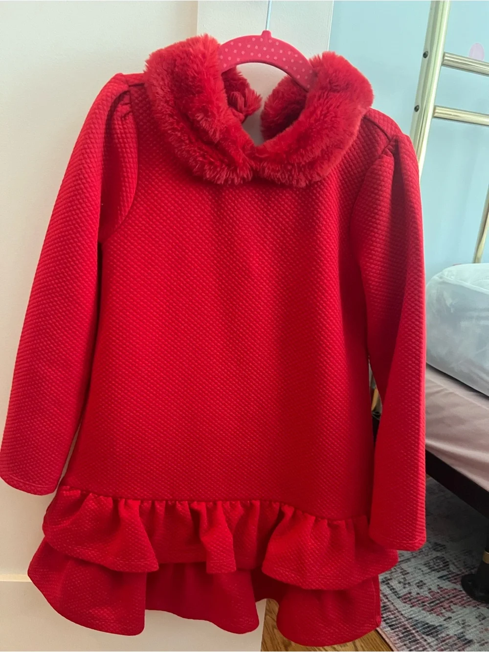 Janie and Jack Red Textured Dress with Faux Fur Collar